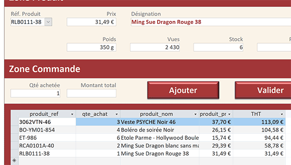 Construction de la commande du client par ajout des articles avec quantités depuis le formulaire Access