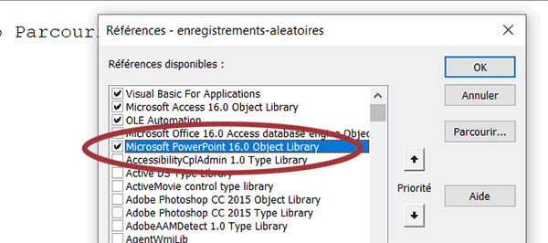 Ajouter la référence à PowerPoint dans le projet VBA Access