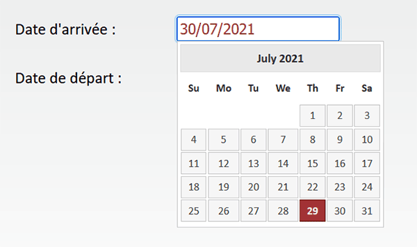 Contrôle Calendar sur une page Html en Javascript