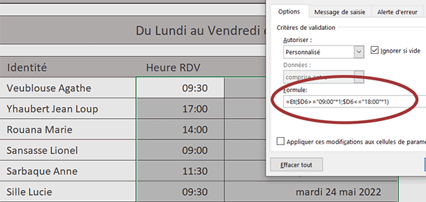 Contrôler les plages horaires avec une règle de validité Excel