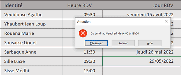 Autoriser les rendez-vous seulement en semaine entre 9h et 18h avec une règle Excel