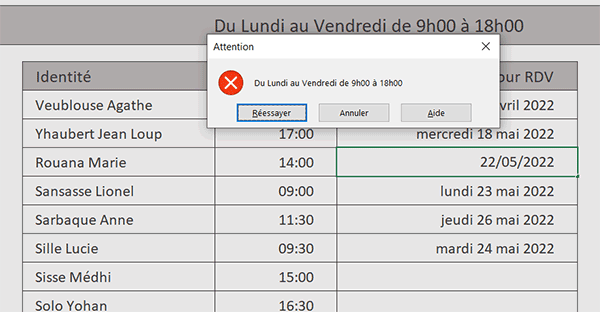 Gestionnaire de rendez-vous en semaine et entre 9h00 et 18h00