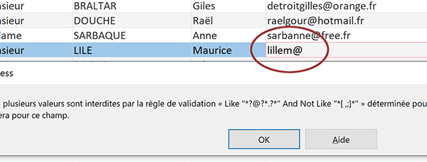 Contrôle de la validité de la saisie d-une adresse mail dans un champ de table Access