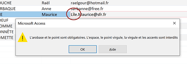 Contrôler la validité des adresses mail sans accents dans une table Access