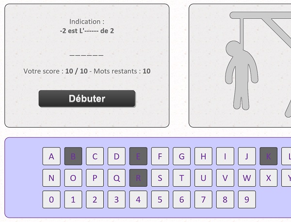 Lettres du clavier repérées et interceptées par le code Javascript pour le Jeu Web du pendu