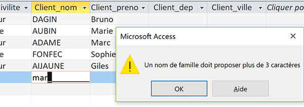 Saisie refusée car non conforme avec le contrôle de validité Access