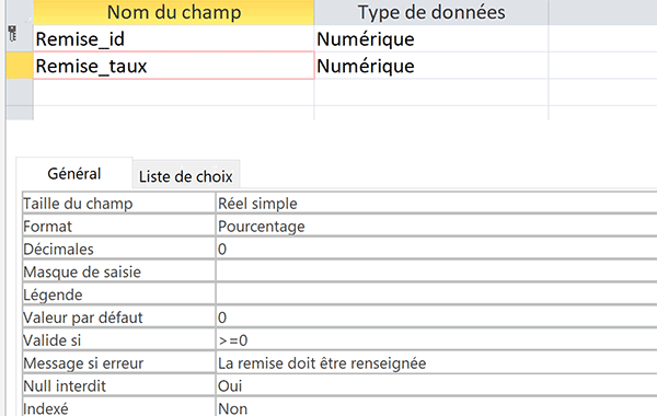 Contrôler la saisie des valeurs numériques dans les tables Access pour les taux de remise