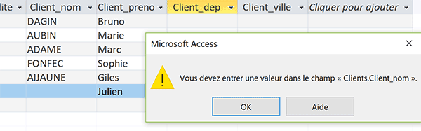 Impossible de créer nouvel enregistrement Access si champs non renseignés, propriété null interdit