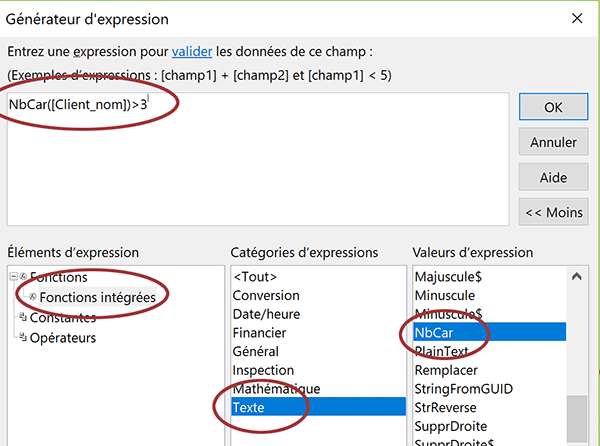 Fonctions de texte du générateur expression Access pour contrôler validité de saisie dans les champs