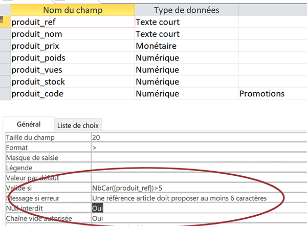 Règle de validité Access pour imposer la saisie du code article sur plusieurs caractères