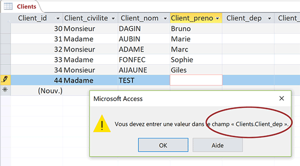 Paramétrage des champs de table Access pour refuser la validation des enregistrements incomplets
