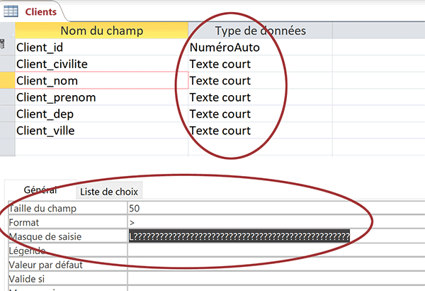 Configuration des champs de table Access par taille, type, format et masque de saisie