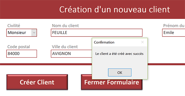 Formulaire Access pour créer un nouveau client