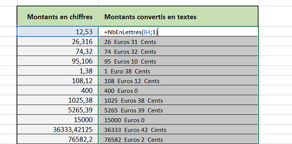 Traduire en texte devise et centimes pour nombre avec fonction VBA Excel