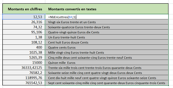 Convertir chiffres et nombres Excel en lettres et textes avec fonction VBA