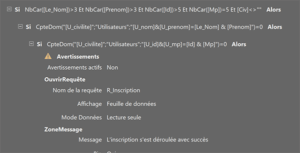 Actions de macro Access pour valider formulaire inscription