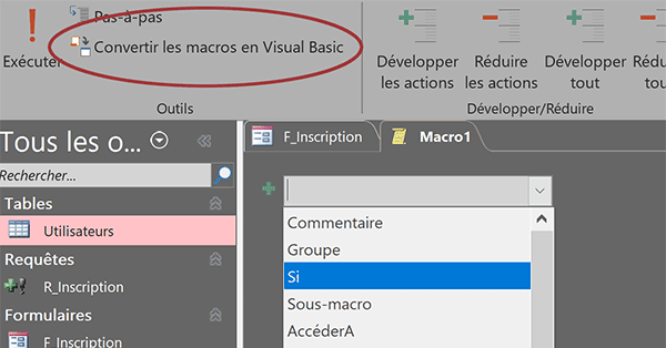 Créer des actions de macro et les convertir en VBA Access