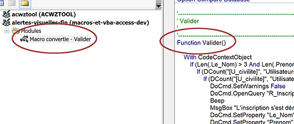 Code VBA Access de la macro convertie