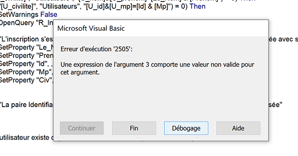Erreur VBA Access après conversion de la macro car les arguments de la méthode sont mal renseignés