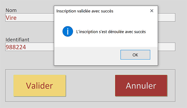 Inscription acceptée par le code VBA Access car tous les champs sont correctement renseignés