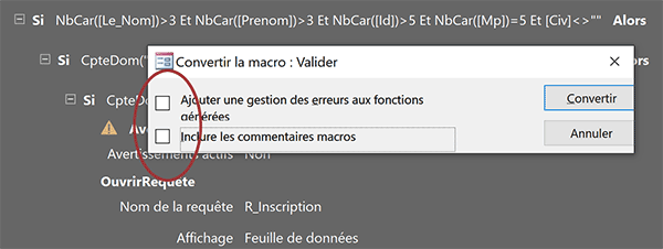 Convertir les actions de macros incorporées en langage VBA Access