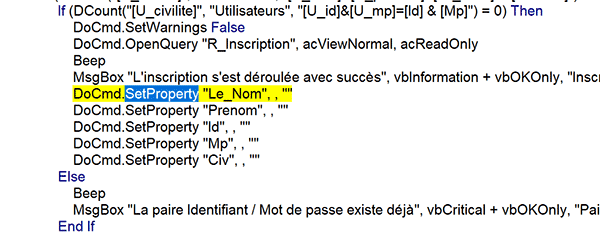 Argument manquant en VBA Access pour méthode SetProperty, Objet DoCmd