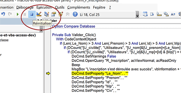 Réinitialiser le code VBA Access