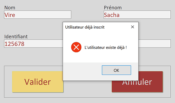 Inscription refusée par le code VBA Access car utilisateur existe déjà