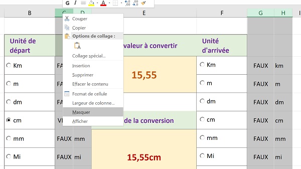 Multisélection Excel de colonnes et lignes à masquer car calculs intermédiaires