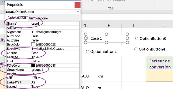 Propriétés contrôles ActiveX cases option pour cellule Excel liée et nom du groupe pour interactions