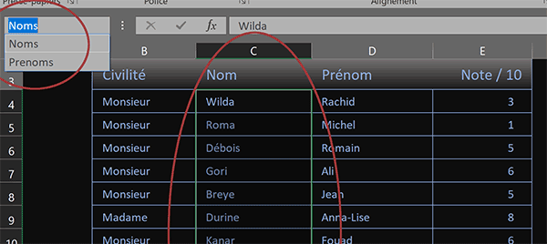 Noms des plages dans Excel pour rechercher les coordonnées
