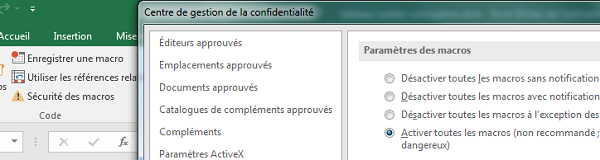 Paramétrer sécurité macros Excel pour autoriser code VBA au démarrage