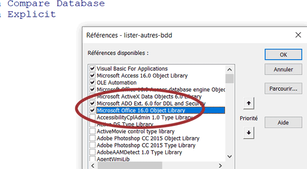 Référence VBA Access pour boîtes de dialogue Microsoft Office