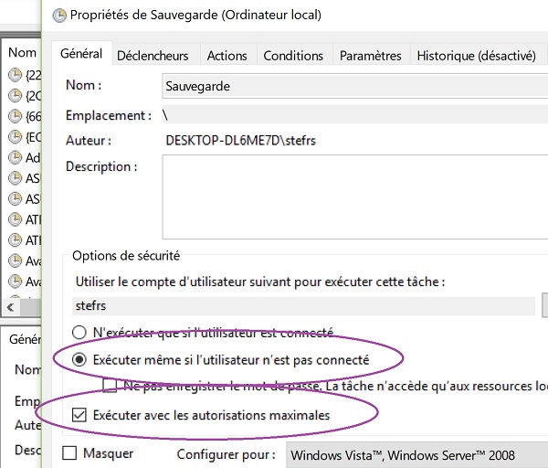 Droits administrateurs pour tâche programmée Windows pour exécution en arrière-plan