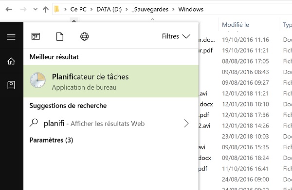 Trouver et démarrer le plannificateur de tâches Windows pour processus cyclique de sauvegarde