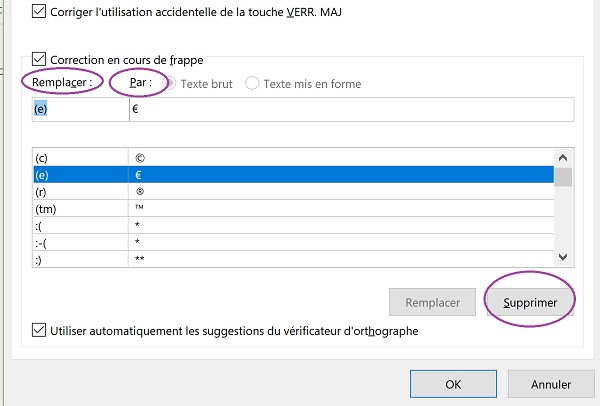 Liste des séquences de caractères transformées et corrigées automatiquement par Word lors de la frappe des lettres