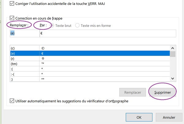 Liste des séquences de caractères transformées et corrigées automatiquement par Word lors de la frappe des lettres