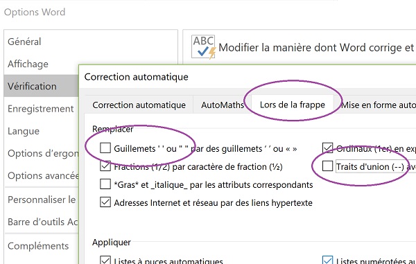 Régler les corrections Word lors de la frappe comme les tirets et les guillemets