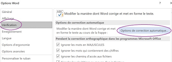 Boîte de dialogue Word pour accéder aux options de correction automatique