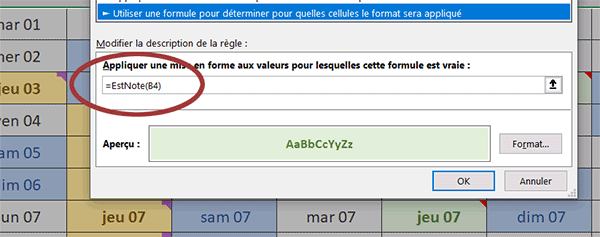 Repérer les notes en couleur avec une fonction VBA Excel dans une mise en forme conditionnelle