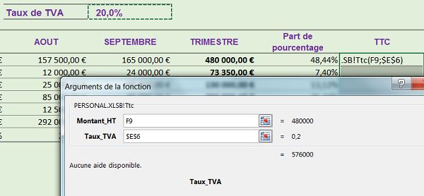 Assistant Excel pour une fonction créée en VBA