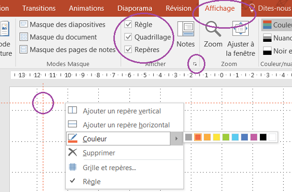 Outils aide conception graphique Powerpoint, règles et repères