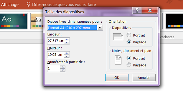 Réglages de page et tailles pour diapositives de la présentation PowerPoint