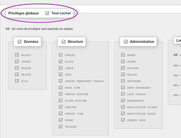 Définir les privilèges utilisateur pour accéder à la base de données MySql