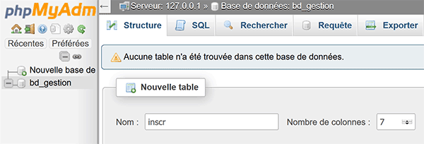 Créer une nouvelle table de base de données MySql avec PhpMyAdmin