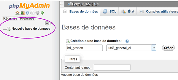 Créer nouvelle base de données MySql avec interface administration PhpMyAdmin