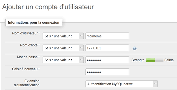 Définir nom utilisateur et mot de passe pour droits accès à base de données MySql