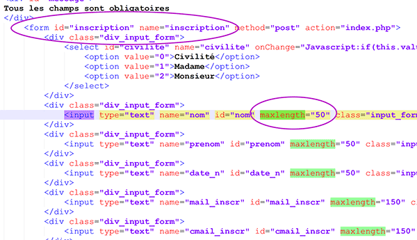 Propriété maxlength de contrôles Html de formulaire pour limiter longueur de saisie avant insertion en base de données MySql