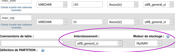 Finaliser création de table de base de données MySql en définissant interclassement et moteur de stockage MyIsam