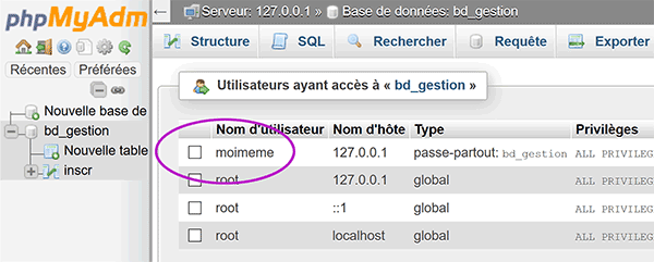 Administration PhpMyAdmin des comptes utilisateurs autorisés à accéder aux bases de données MySql